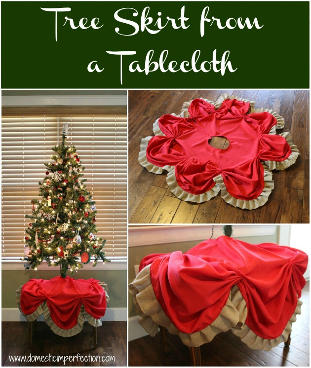 Tutorial on making a Christmas tree skirt from a table cloth and burlap ribbon