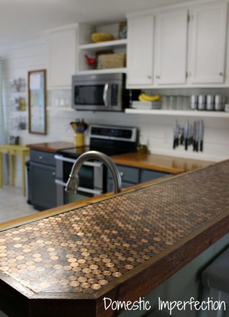 Penny and epoxy bar top in a DIY kitchen