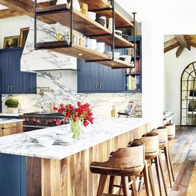 wood, marble and blue kitchen