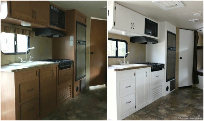 before and after painting camper cabinets