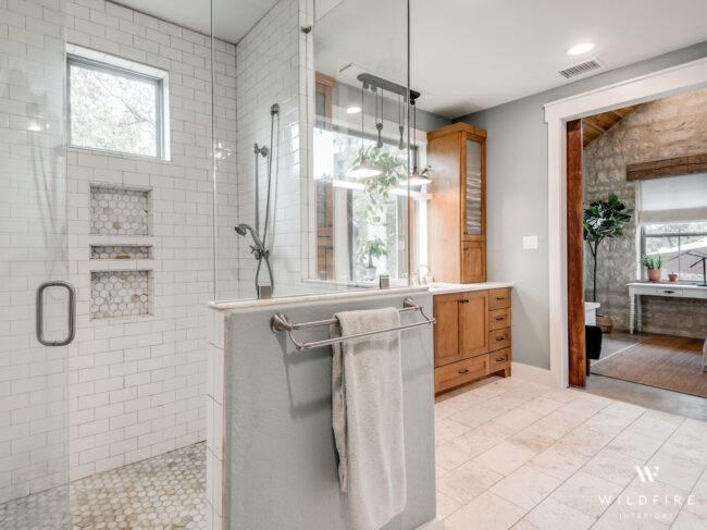 farmhouse master bathroom with lots of natural light