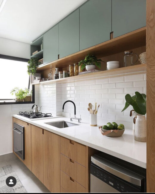 Mid- century modern kitchen - white, wood, and green