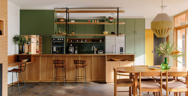 green and wood MCM kitchen 