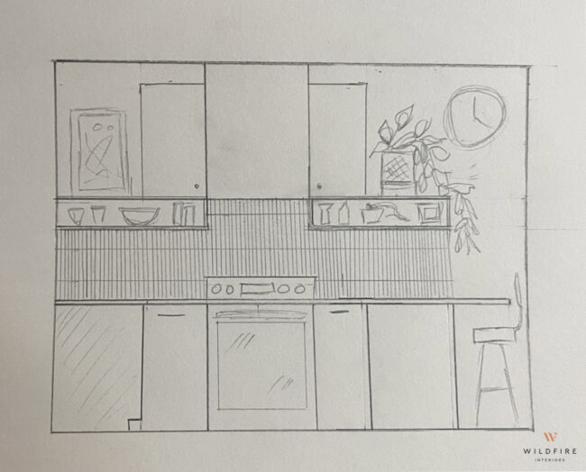 Mid-century modern kitchen design sketch.