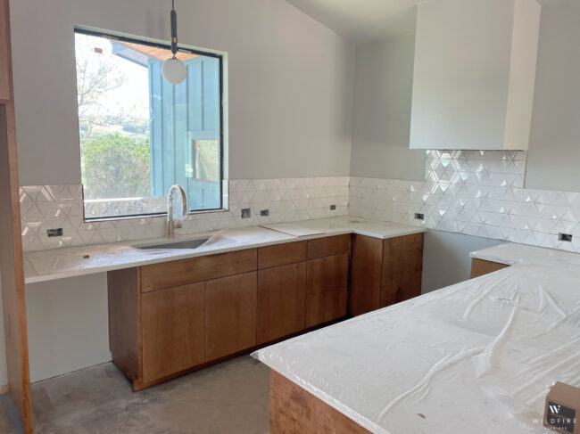 New construction mid-century modern kitchen progress - backsplash and countertop