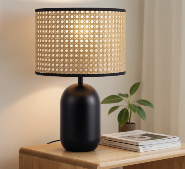 Black Metal Table Lamp With Rattan Shade