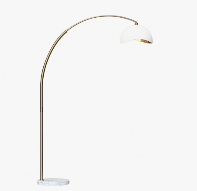Luna Bella Premium Quality 92" Modern LED Arc Floor Lamp, Weathered Brass Column and Arm, Matte White Shade with Hand-Applied Gold Leaf Interior, White Marble Base, Full-Range Dimmer By Nova of California