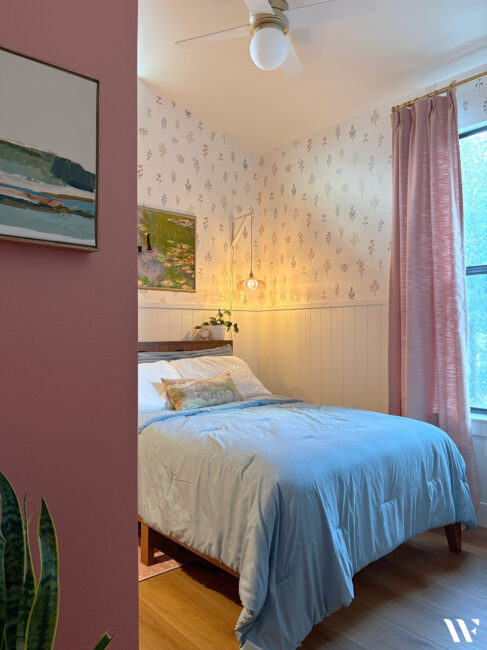 Teen girl bedroom makeover, paneling, floral wallpaper, rose pink and dusty blue accents