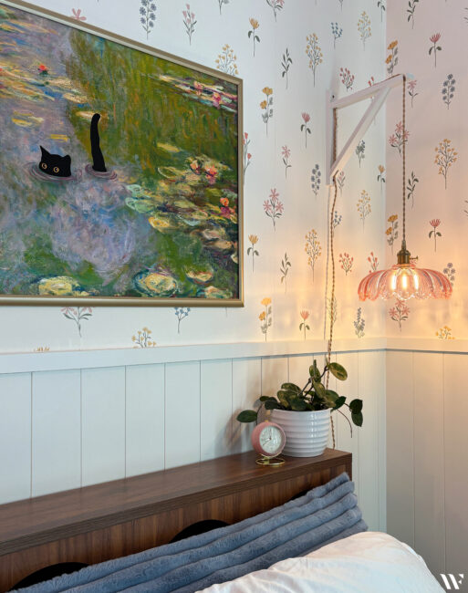 feminine bedroom with funny art