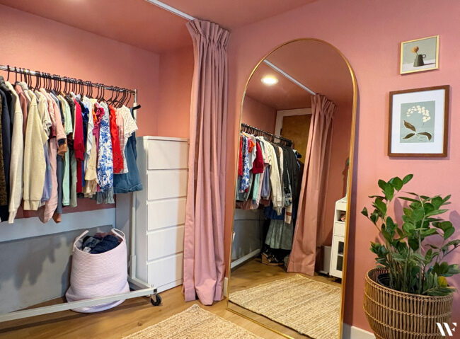 Using ceiling hung curtains to create a closet or a closed-off area in a bedroom