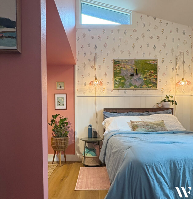 A teenage girl's bedroom with unique architecture gets a functional and feminine makeover.