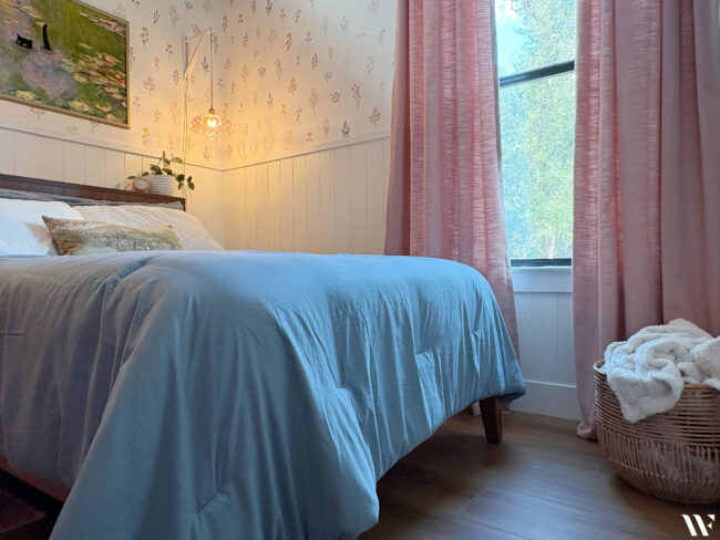 girl bedroom - white, wood, dusty blue, and rose pink